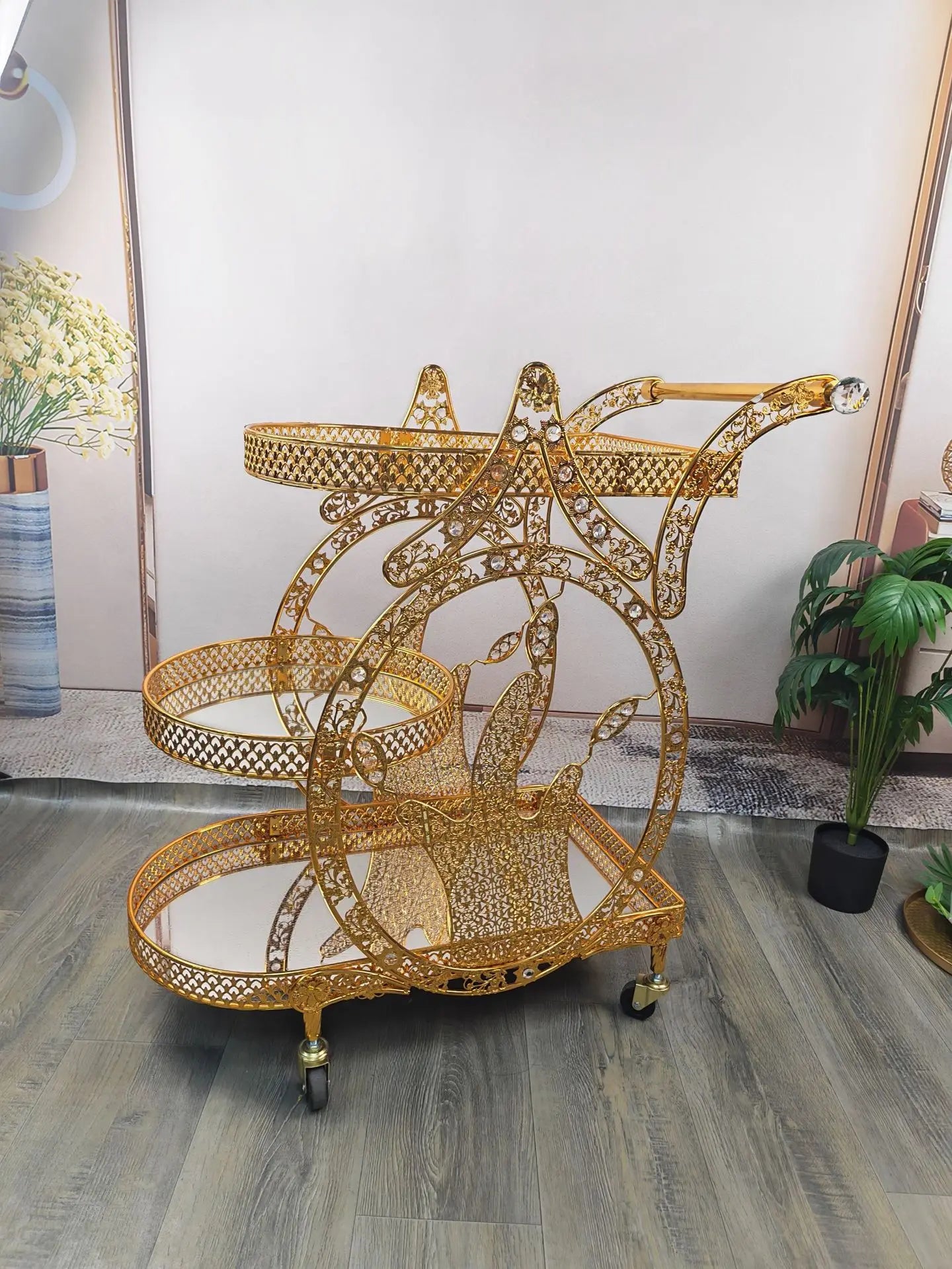 food truck trolley high-end metal glass light luxury retro food delivery dessert cart red wine mobile coffee table