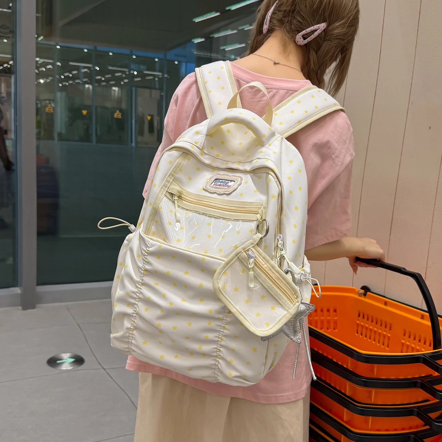 Women's Nylon Star Print Transparent Pocket Backpack Cute Casual Daily School Book Back Packs 2026 Girls Nylon Cute Backpacks