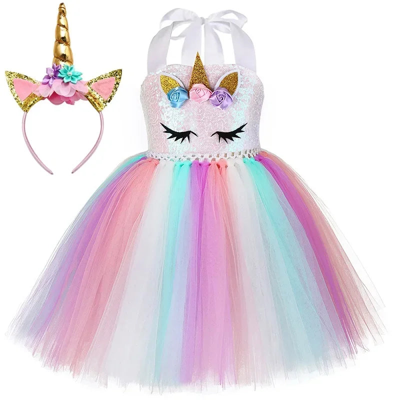 Sequins Girls Unicorn Tutu Dress Costume Flower Girls Tulle Princess Dress Toddler Kids Halloween Birthday Party Dress Up Outfit