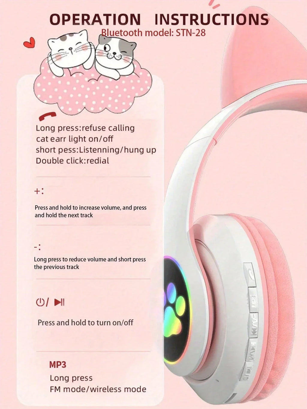 Flash Light Cute Cat Ears Wireless Headphone with Mic Control LED Kid Girl Stereo Music Helmet Phone Bluetooth Headset Gift