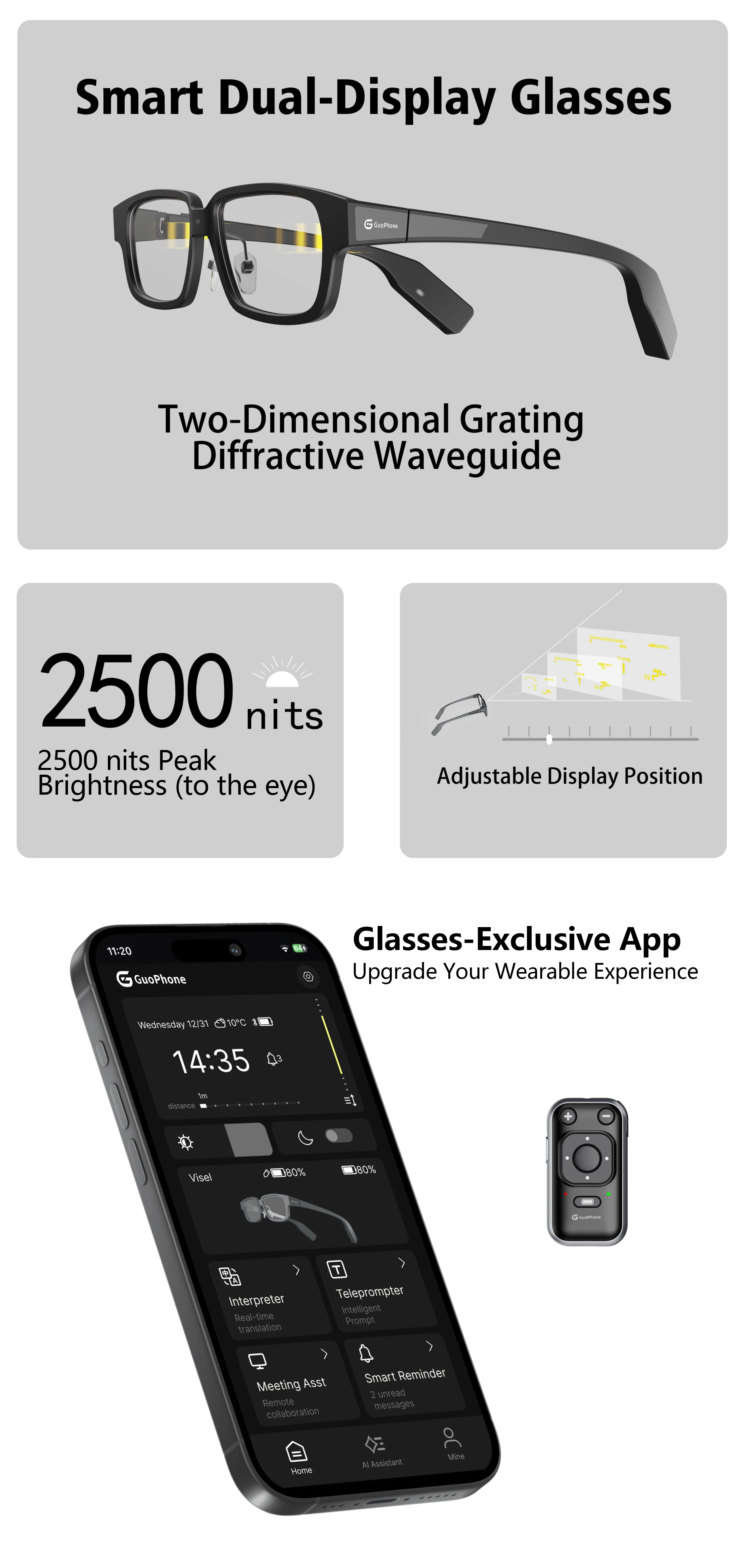 G3 Smart AR Glasses  Diffractive Waveguide, Dual Display, AI Translator, Bluetooth 5.3, 2500 Nits, 38g