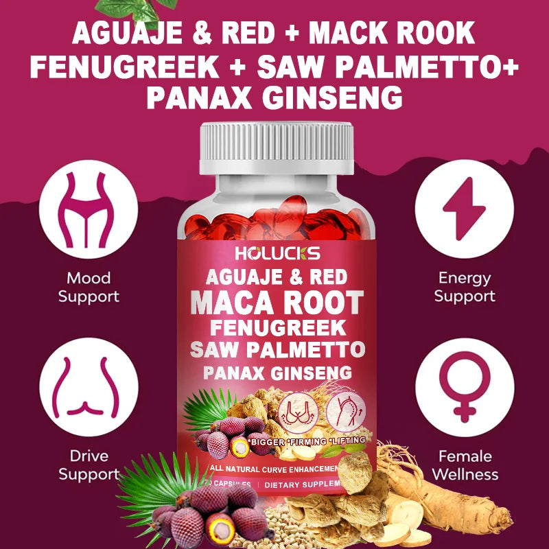 HOLUCKS Aguaje & Red Maca Capsules, with Fenugreek & Panax Ginseng, Support Curve Lifting, Skin Elasticity & Female Vitality