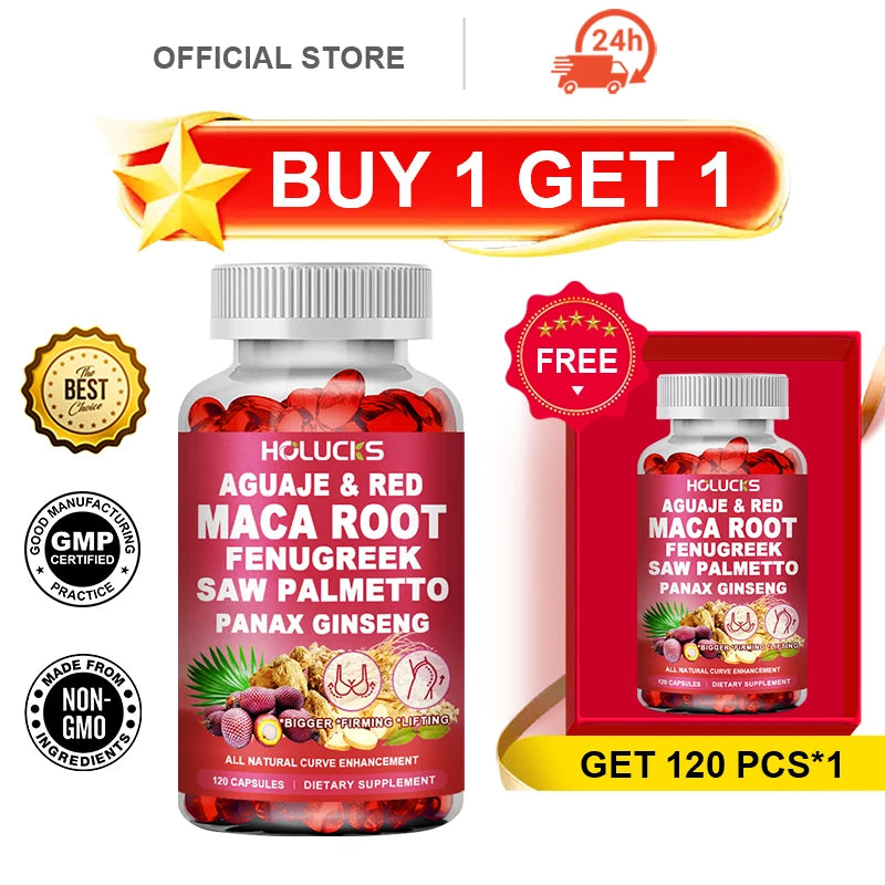 HOLUCKS Aguaje & Red Maca Capsules, with Fenugreek & Panax Ginseng, Support Curve Lifting, Skin Elasticity & Female Vitality