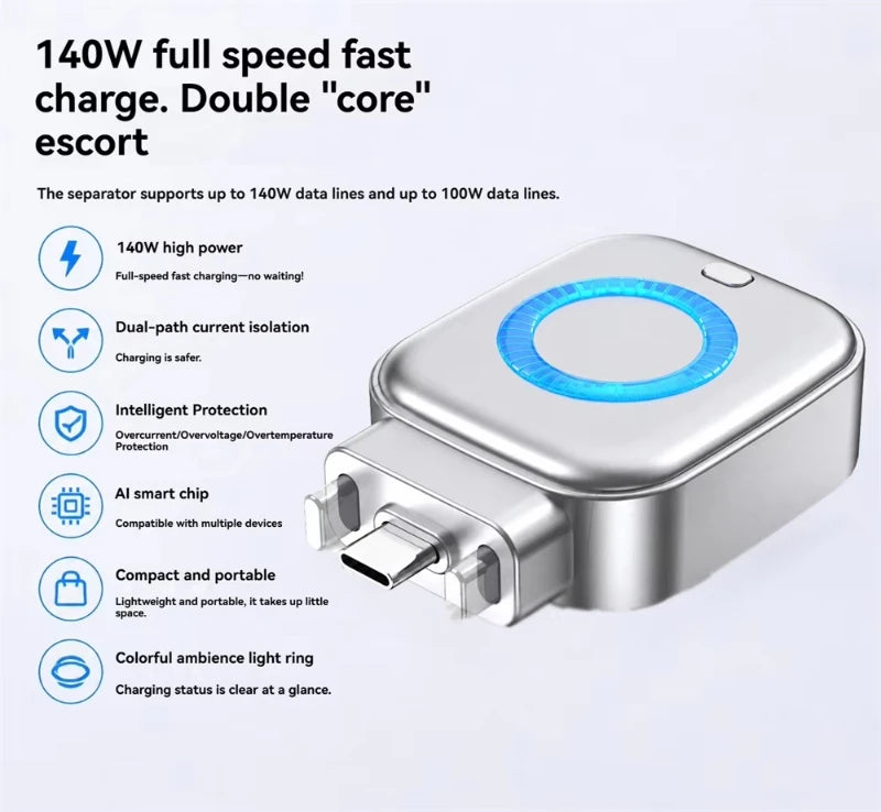 New Portable Intelligent Full Charge Separator Adapter Auto Power-Off Safe Overnight Stay 140W Type-C Fast Charging Converter