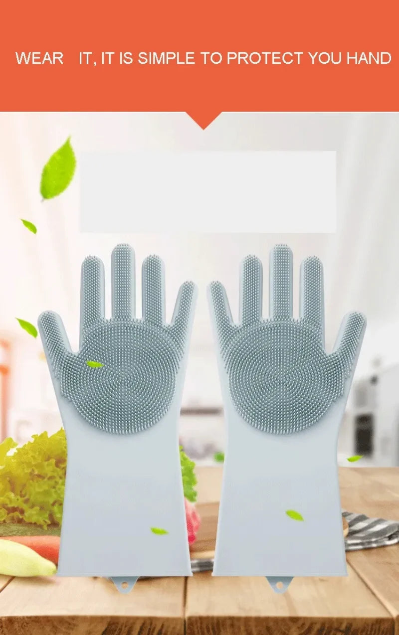 1Pair Dishwashing Cleaning Gloves Magic Silicone Scrub Rubber Dish Washing Glove Reusable Sponge Gloves Kitchen Cleaning Tools