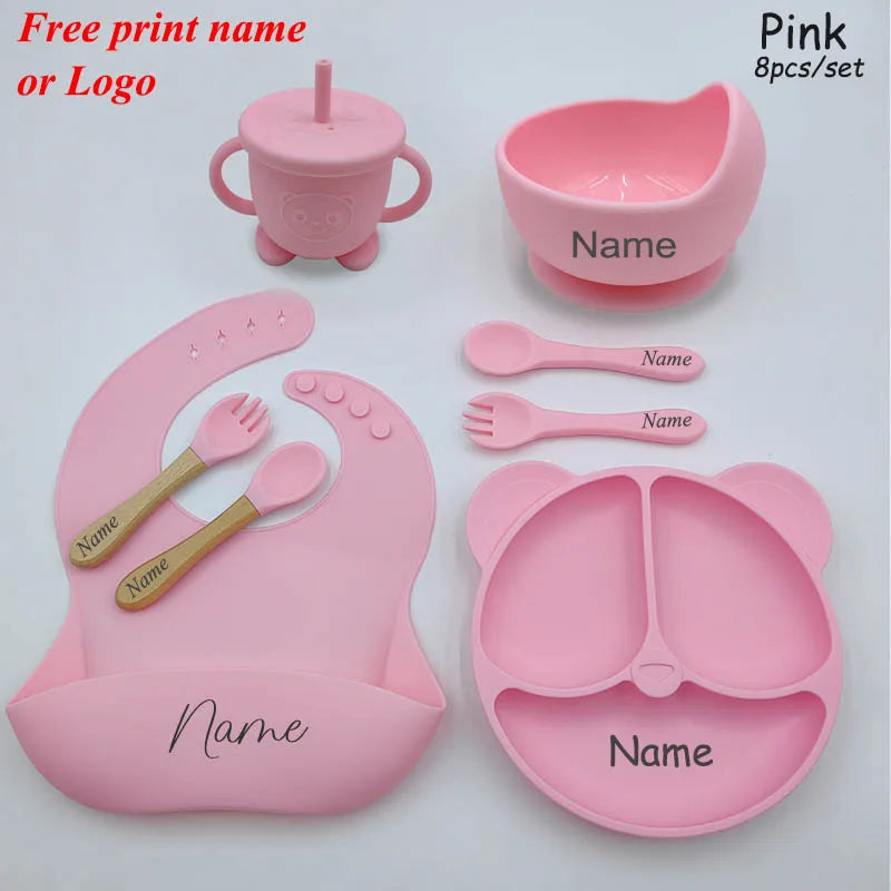 Baby Feeding Plate For Kids Personalized Baby's Name Feeding Sets Cartoon Bear Plate Customized Silicone Tableware For Children