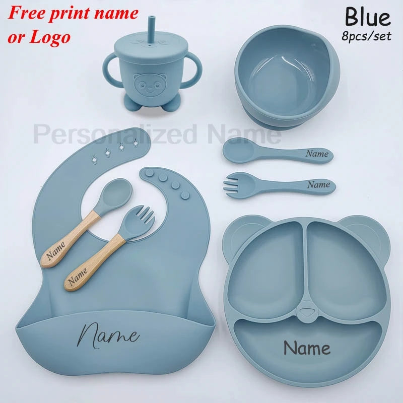 Baby Feeding Plate For Kids Personalized Baby's Name Feeding Sets Cartoon Bear Plate Customized Silicone Tableware For Children