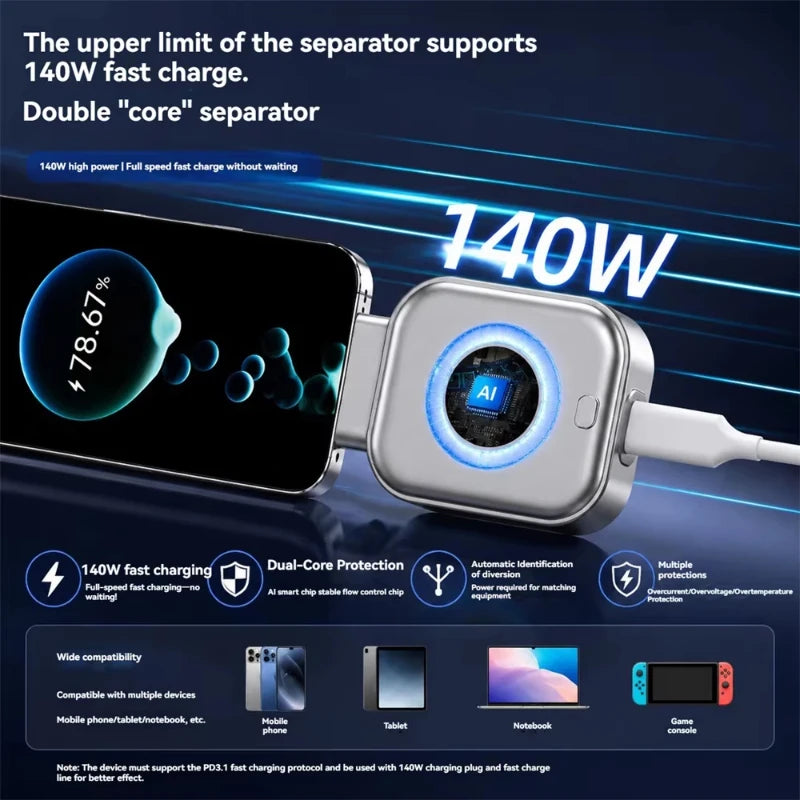New Portable Intelligent Full Charge Separator Adapter Auto Power-Off Safe Overnight Stay 140W Type-C Fast Charging Converter