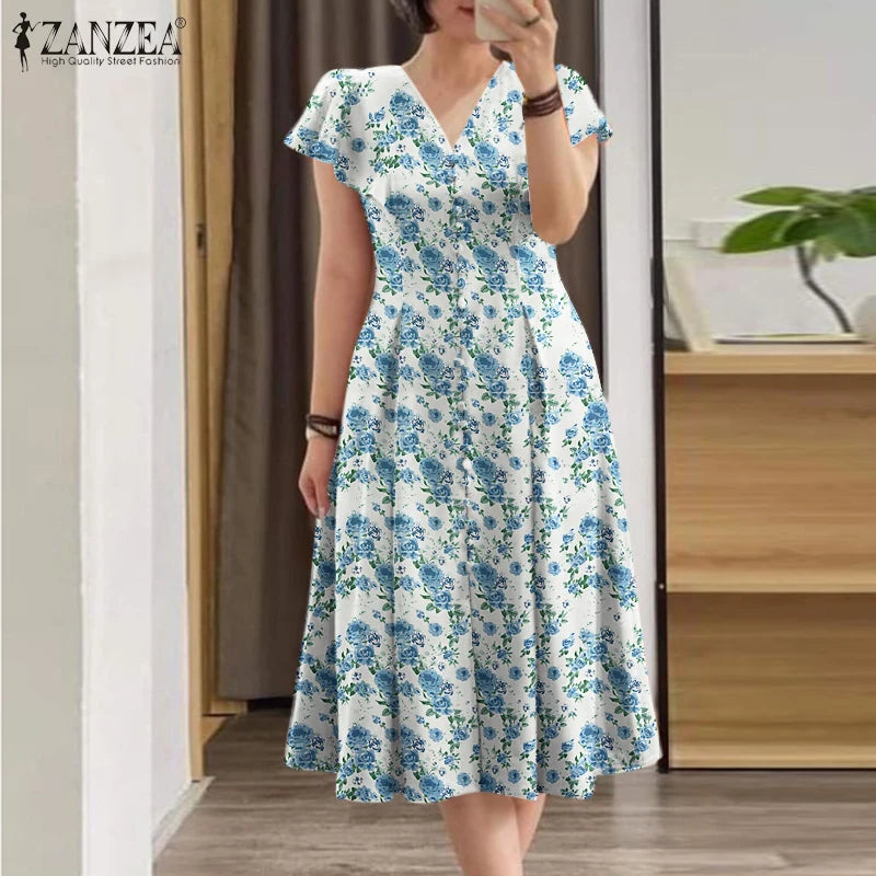 ZANZEA Women Fashion All-over Floral Print Party Dress Elegant V Neck Ruffle Short Sleeve Midi Dresses Casual A-line Vestidos