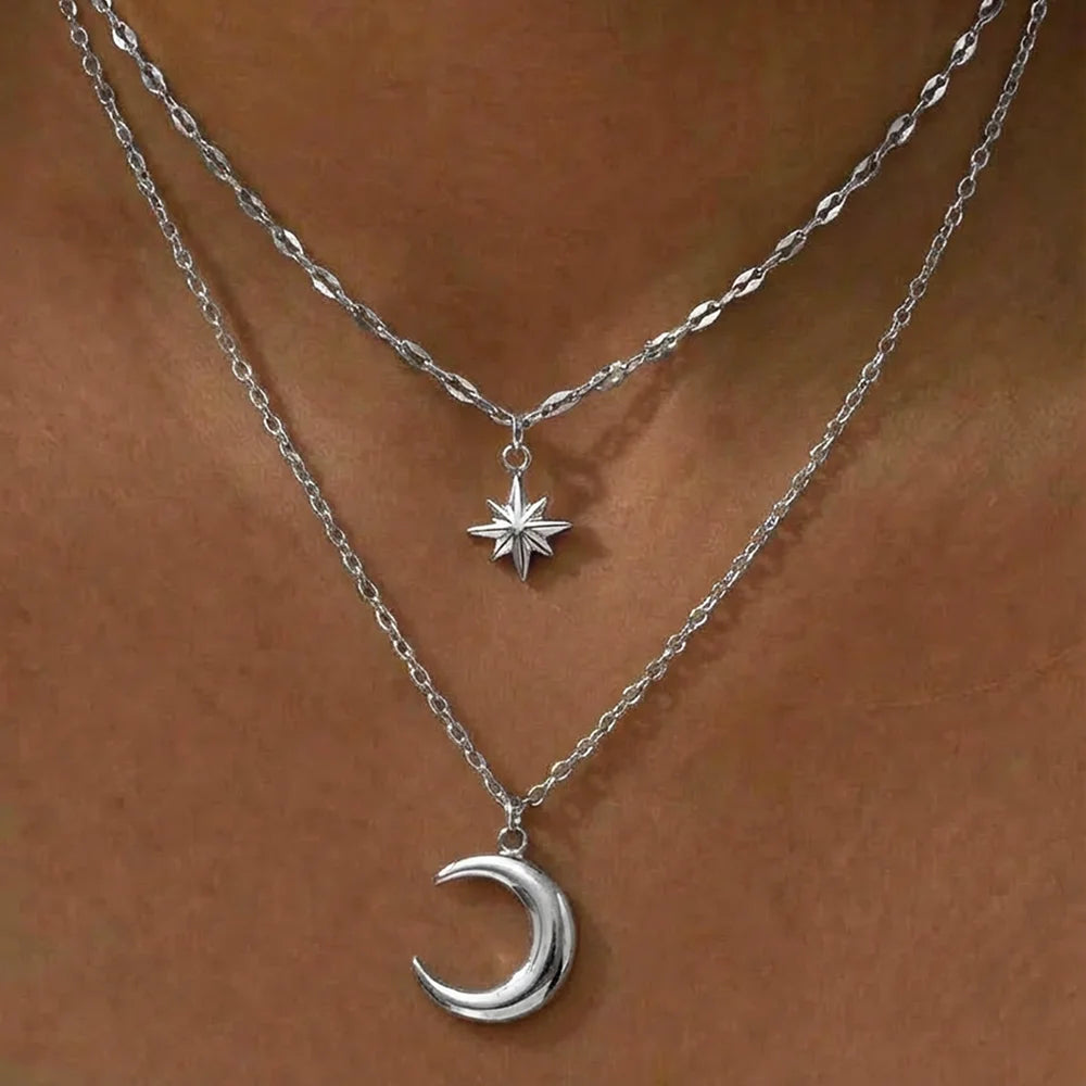 DOTIFI Stainless Steel Eight-Pointed Star Moon Pendant Double-Layer Necklace Women's Fashion Minimalist Commuter Chain Jewelry