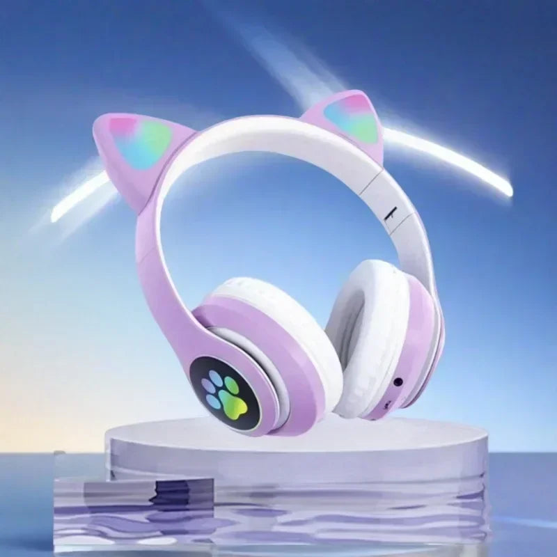 Flash Light Cute Cat Ears Wireless Headphone with Mic Control LED Kid Girl Stereo Music Helmet Phone Bluetooth Headset Gift