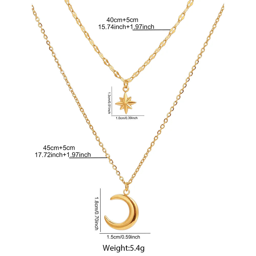 DOTIFI Stainless Steel Eight-Pointed Star Moon Pendant Double-Layer Necklace Women's Fashion Minimalist Commuter Chain Jewelry