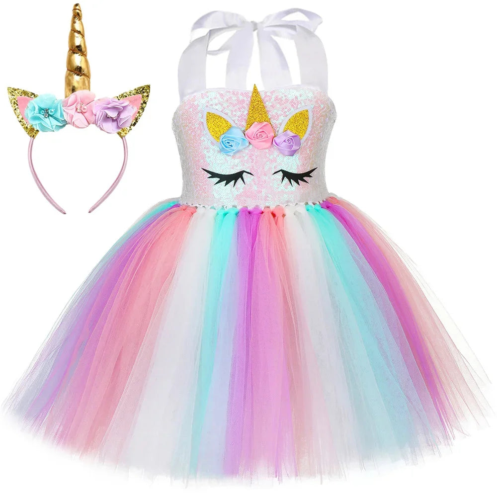 Sequins Girls Unicorn Tutu Dress Costume Flower Girls Tulle Princess Dress Toddler Kids Halloween Birthday Party Dress Up Outfit