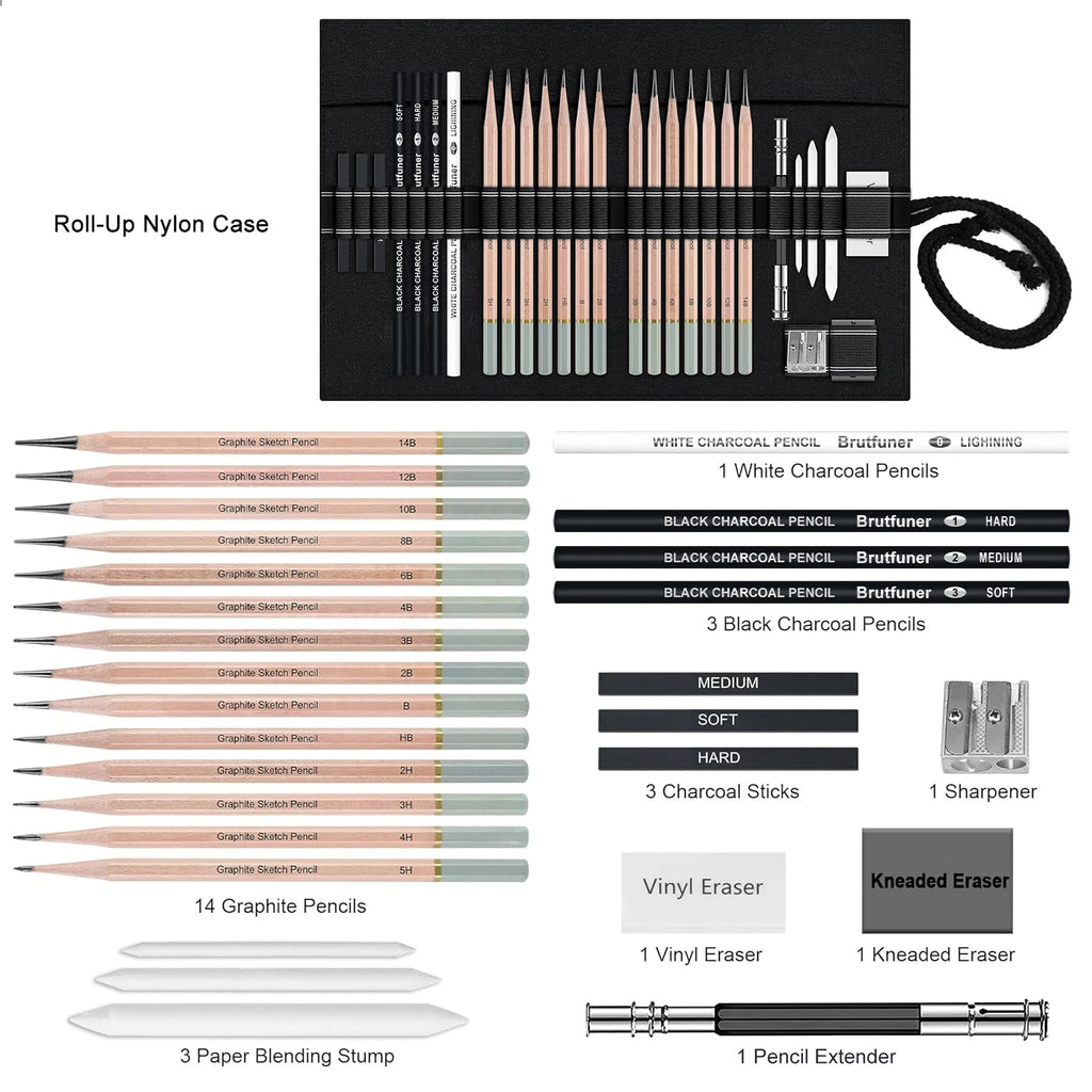 6/29 pcs Pro Sketching Drawing Pencils Set with Roll-Up Nylon Case,14 Graphite Pencils (14B-5H), Charcoal Pencils,Erasers
