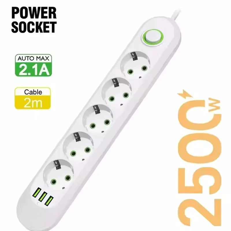 2500W EU Plug AC Outlet Multiprise Power Strip 2m Extension Cord Electrical Socket Network Filter With USB Ports Fast Charging