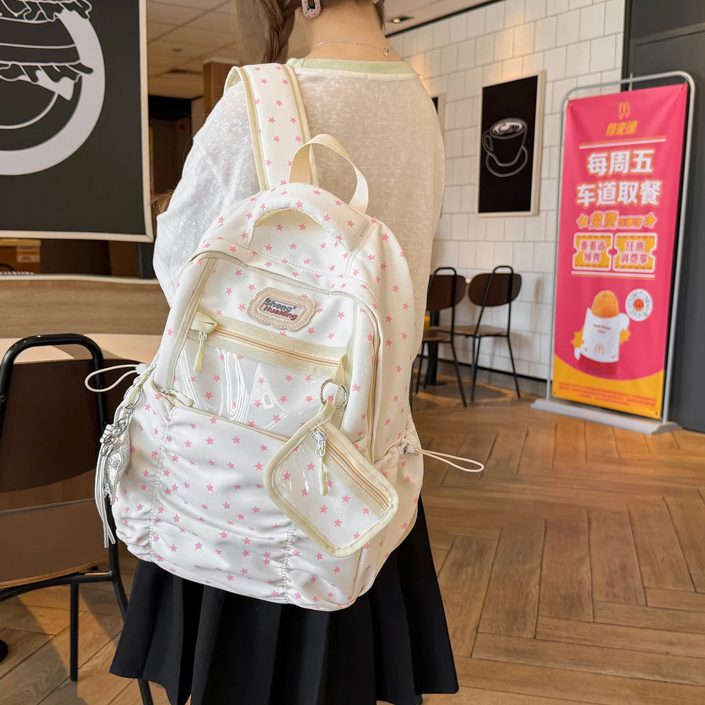 Women's Nylon Star Print Transparent Pocket Backpack Cute Casual Daily School Book Back Packs 2026 Girls Nylon Cute Backpacks