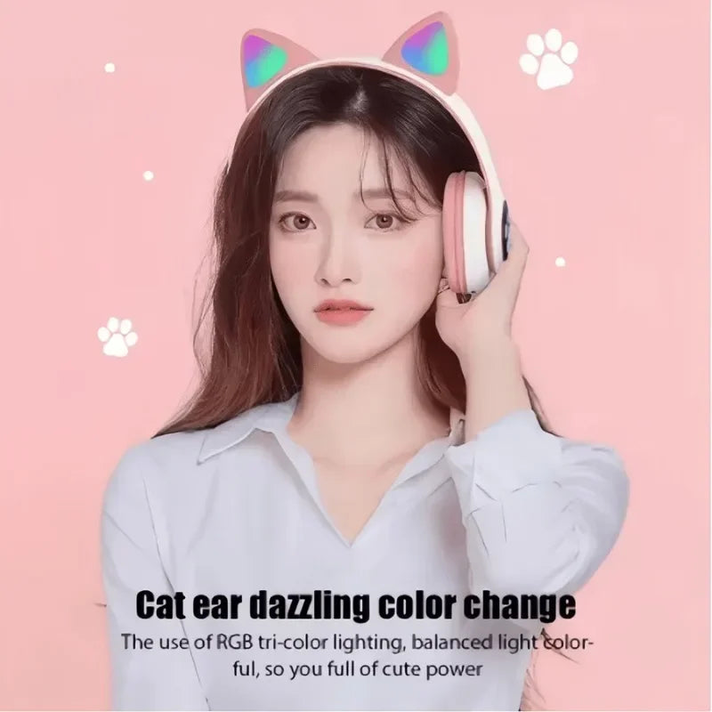 Flash Light Cute Cat Ears Wireless Headphone with Mic Control LED Kid Girl Stereo Music Helmet Phone Bluetooth Headset Gift