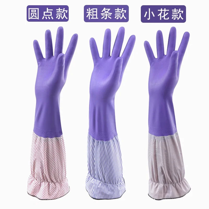1 Pair Fashion Hemming Plus Velvet Warm Housework Gloves Kitchen Clean Durable Dish Washing Rubber Gloves