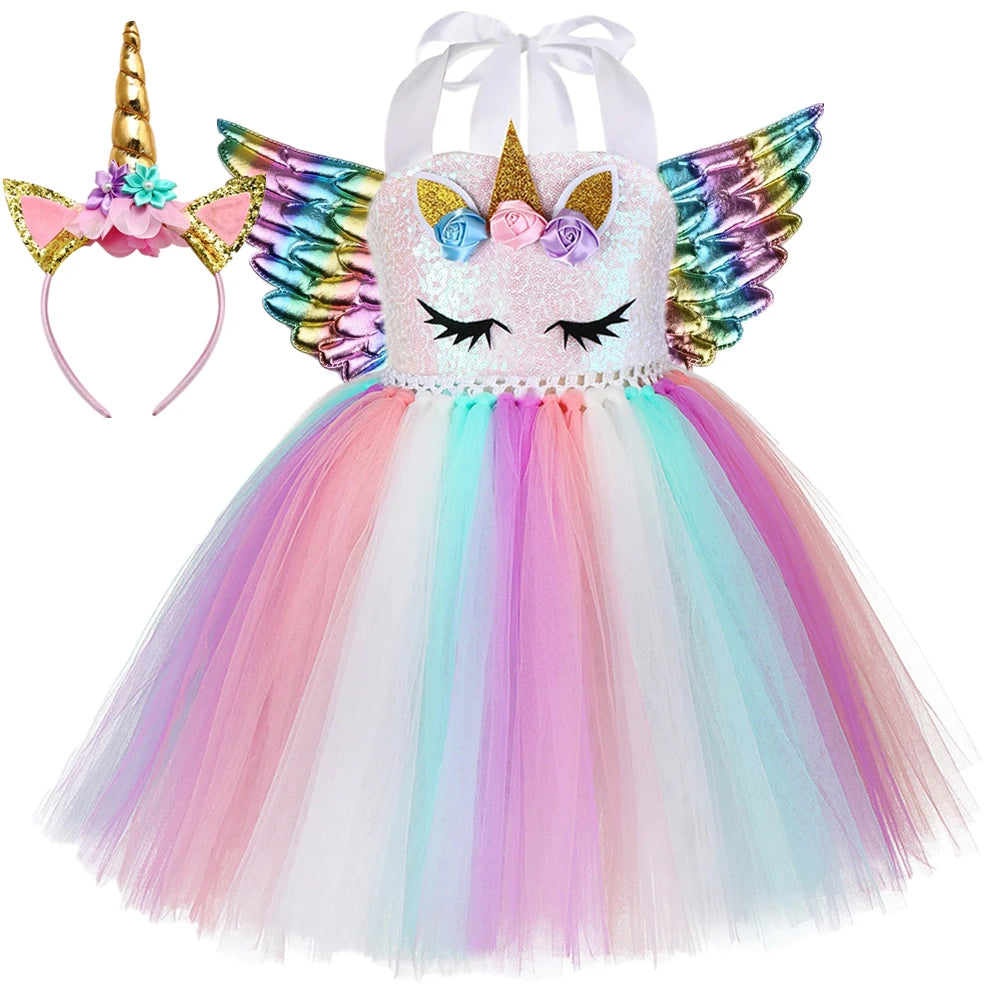 Sequins Girls Unicorn Tutu Dress Costume Flower Girls Tulle Princess Dress Toddler Kids Halloween Birthday Party Dress Up Outfit