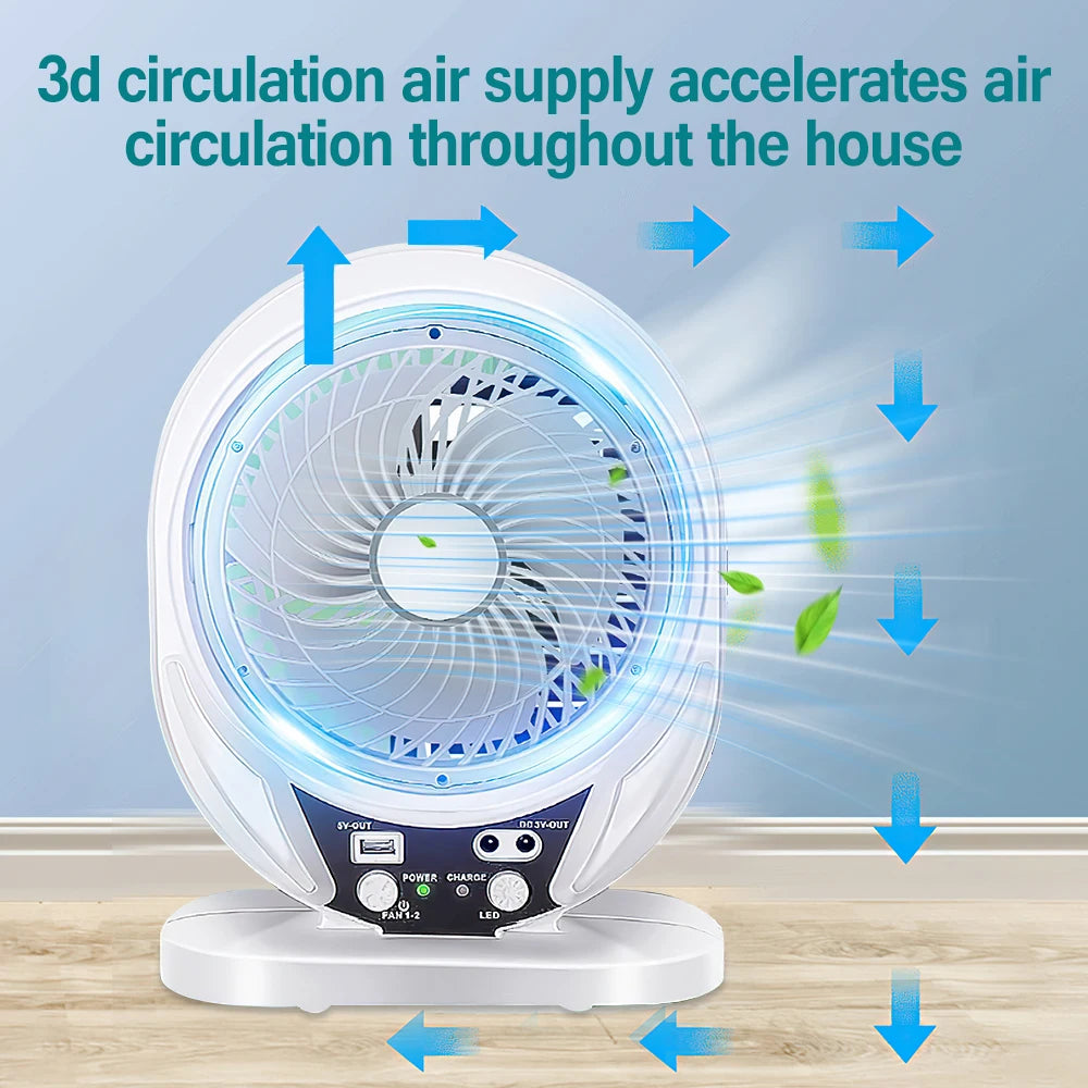 Portable Solar Fan Rechargeable Solar Powered Camping Fan with LED Bulb USB Ports Home Office Cooling Air Fan