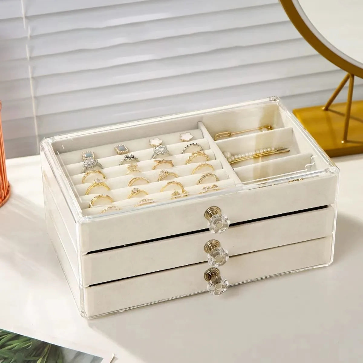 1PC Stackable 3 Layers Drawer Style Jewelry Box Beige Gray Desktop Storage Organizer for Earrings Rings Necklaces Bracelets
