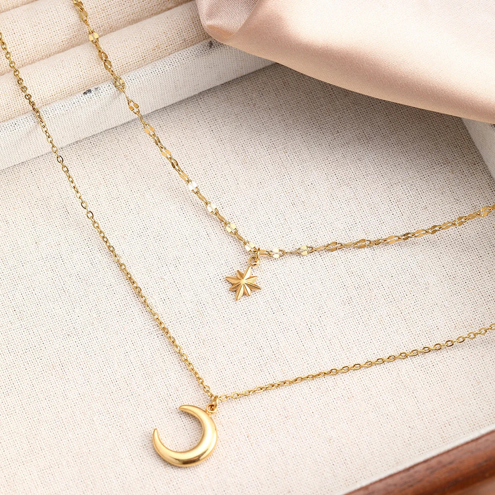DOTIFI Stainless Steel Eight-Pointed Star Moon Pendant Double-Layer Necklace Women's Fashion Minimalist Commuter Chain Jewelry