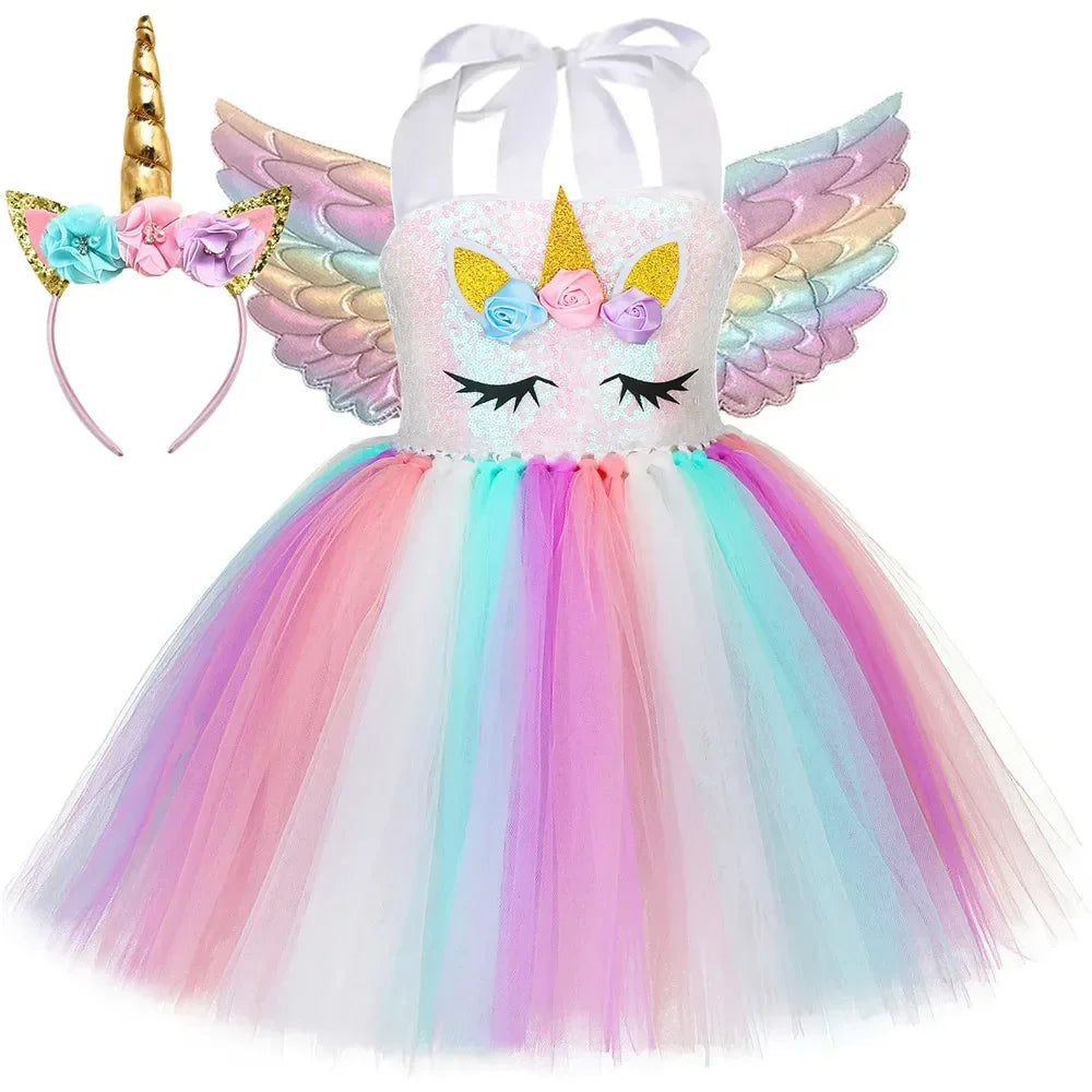 Sequins Girls Unicorn Tutu Dress Costume Flower Girls Tulle Princess Dress Toddler Kids Halloween Birthday Party Dress Up Outfit