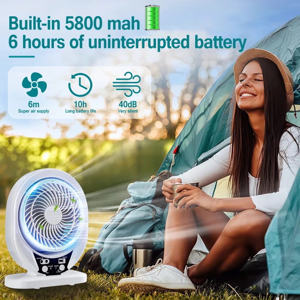 Portable Solar Fan Rechargeable Solar Powered Camping Fan with LED Bulb USB Ports Home Office Cooling Air Fan