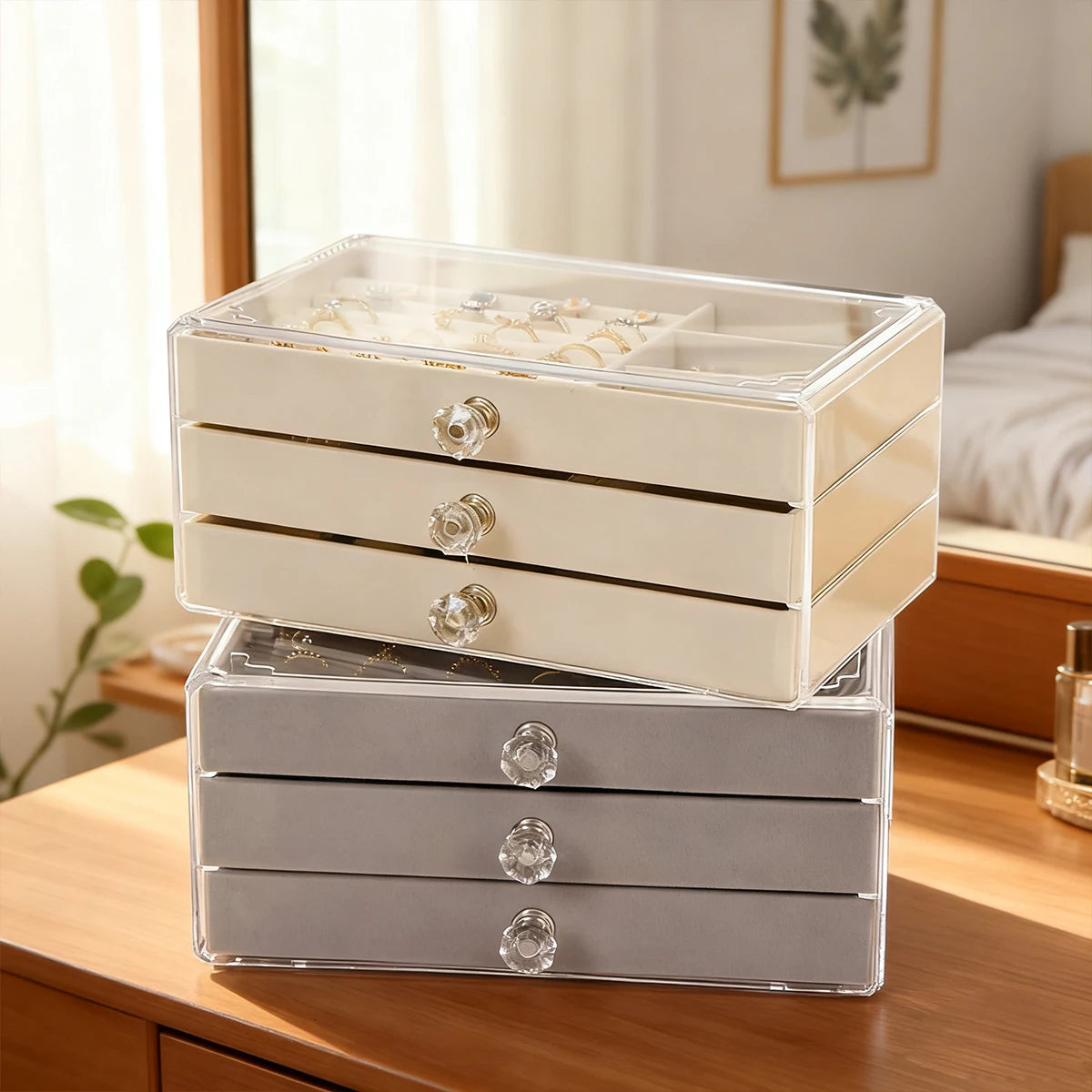 1PC Stackable 3 Layers Drawer Style Jewelry Box Beige Gray Desktop Storage Organizer for Earrings Rings Necklaces Bracelets
