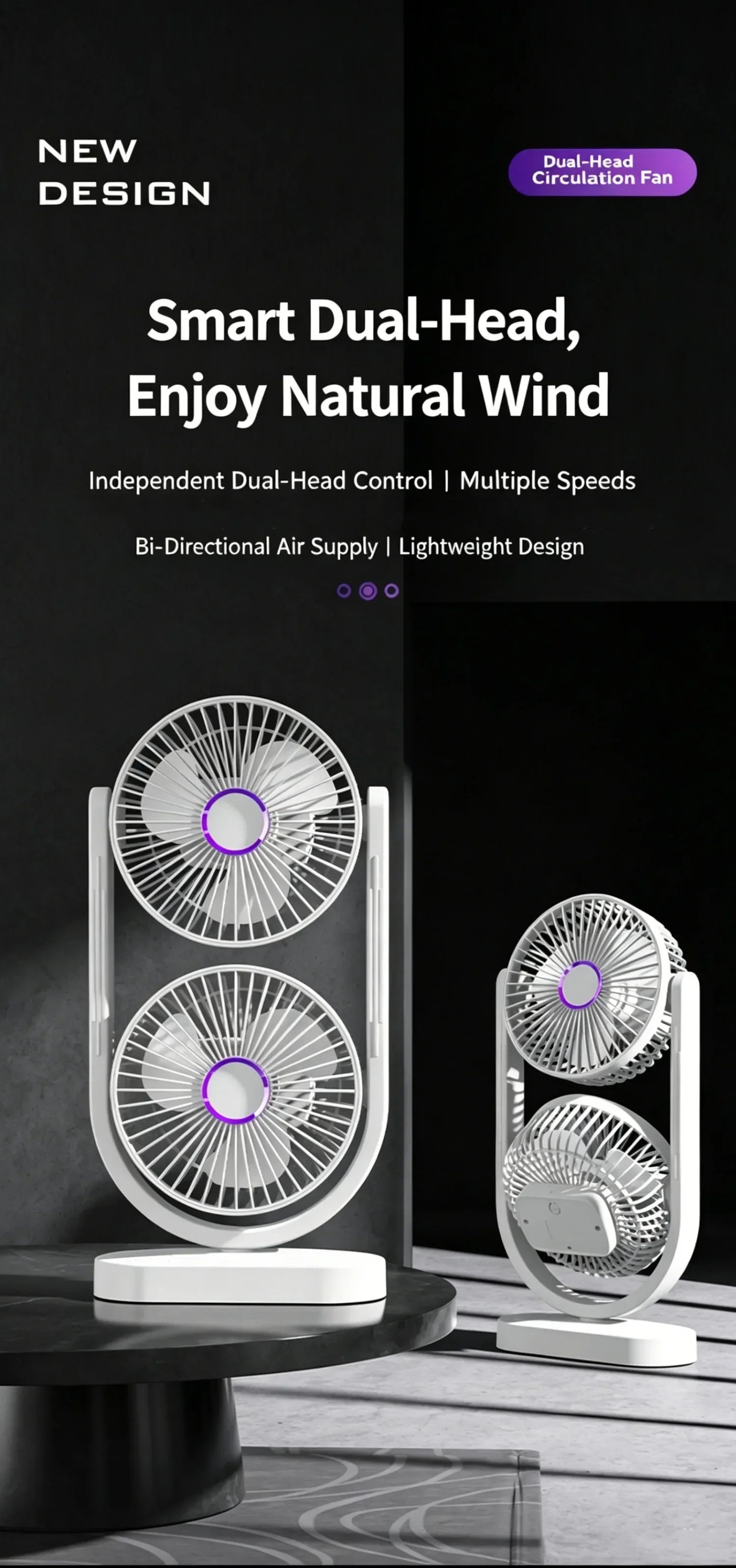 Portable Turbo Desk Fan 3 Speeds Ultra Quiet Type-C Rechargeable Dual Head Air Circulation Fan for All USB Power Sources
