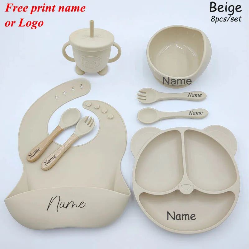 Baby Feeding Plate For Kids Personalized Baby's Name Feeding Sets Cartoon Bear Plate Customized Silicone Tableware For Children