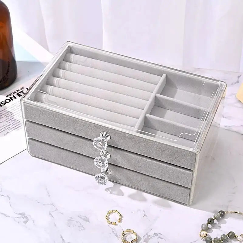 1PC Stackable 3 Layers Drawer Style Jewelry Box Beige Gray Desktop Storage Organizer for Earrings Rings Necklaces Bracelets