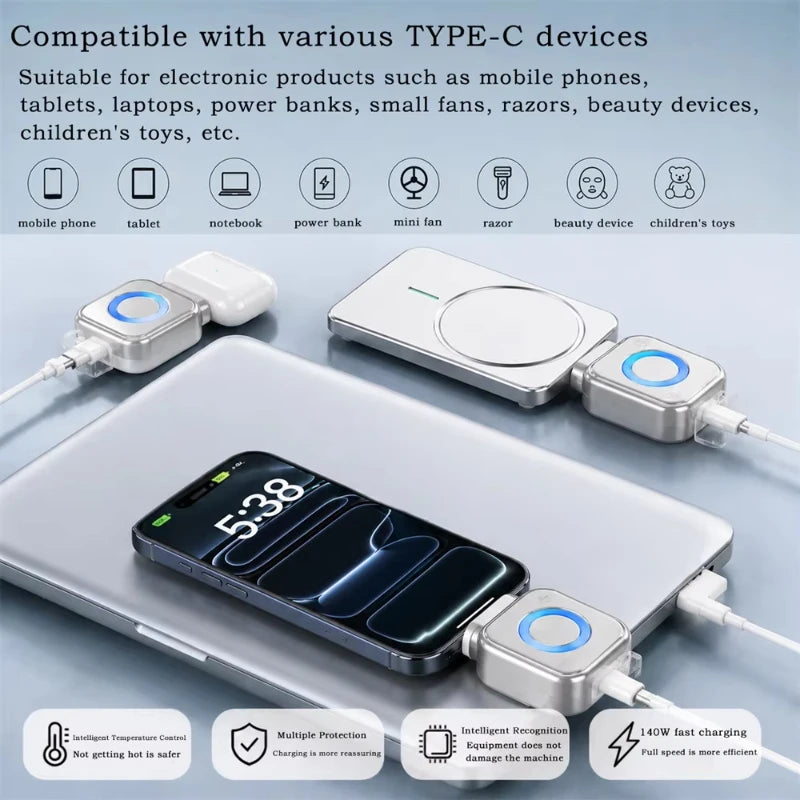 New Portable Intelligent Full Charge Separator Adapter Auto Power-Off Safe Overnight Stay 140W Type-C Fast Charging Converter