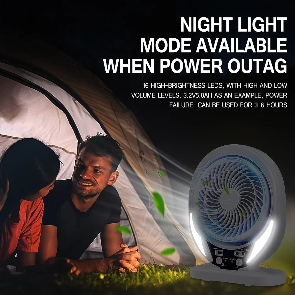 Portable Solar Fan Rechargeable Solar Powered Camping Fan with LED Bulb USB Ports Home Office Cooling Air Fan
