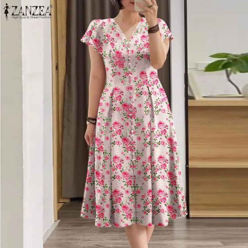ZANZEA Women Fashion All-over Floral Print Party Dress Elegant V Neck Ruffle Short Sleeve Midi Dresses Casual A-line Vestidos