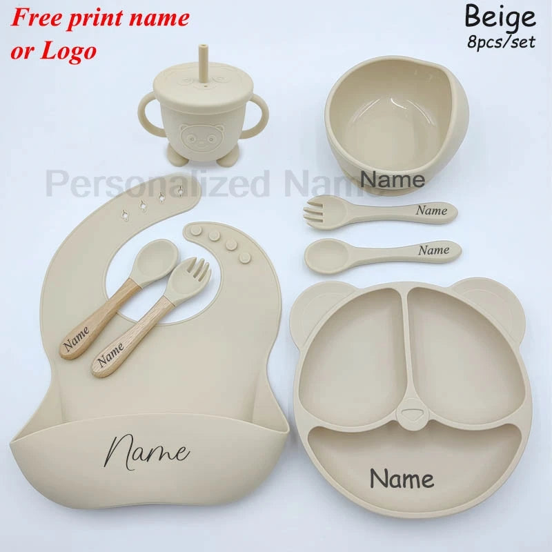 Baby Feeding Plate For Kids Personalized Baby's Name Feeding Sets Cartoon Bear Plate Customized Silicone Tableware For Children