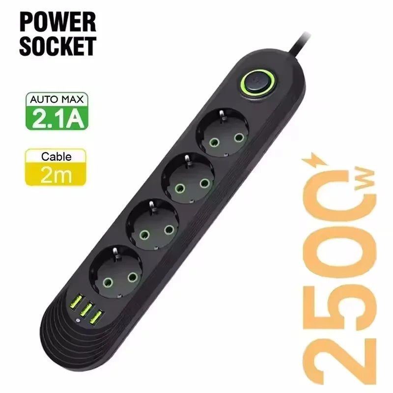 2500W EU Plug AC Outlet Multiprise Power Strip 2m Extension Cord Electrical Socket Network Filter With USB Ports Fast Charging
