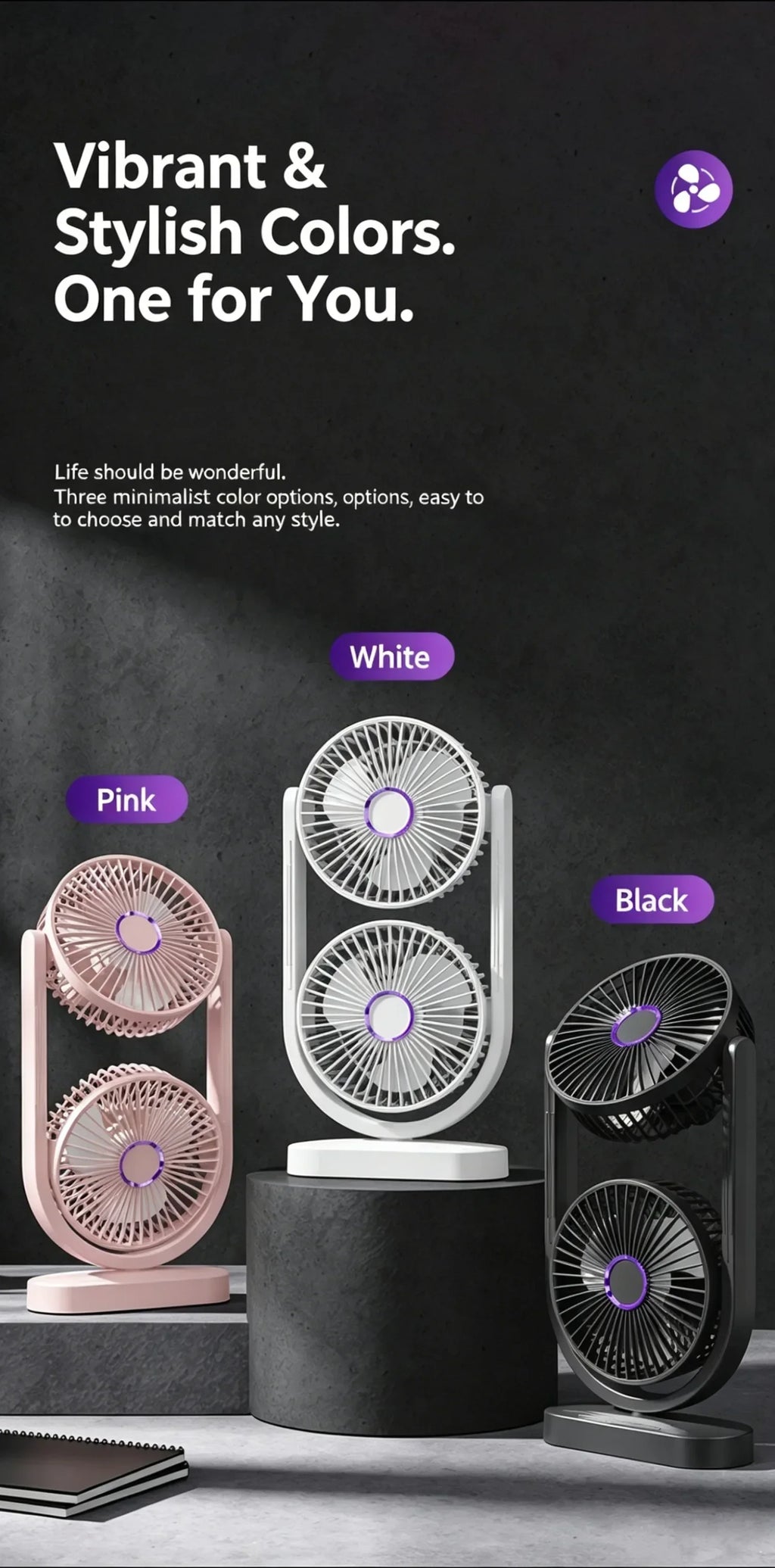 Portable Turbo Desk Fan 3 Speeds Ultra Quiet Type-C Rechargeable Dual Head Air Circulation Fan for All USB Power Sources