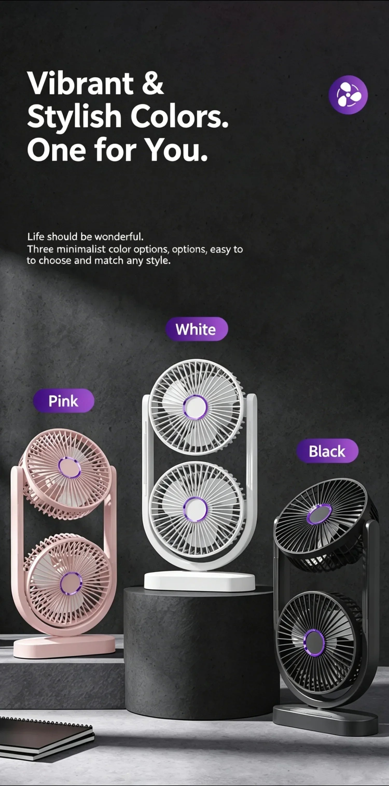 Portable Turbo Desk Fan 3 Speeds Ultra Quiet Type-C Rechargeable Dual Head Air Circulation Fan for All USB Power Sources