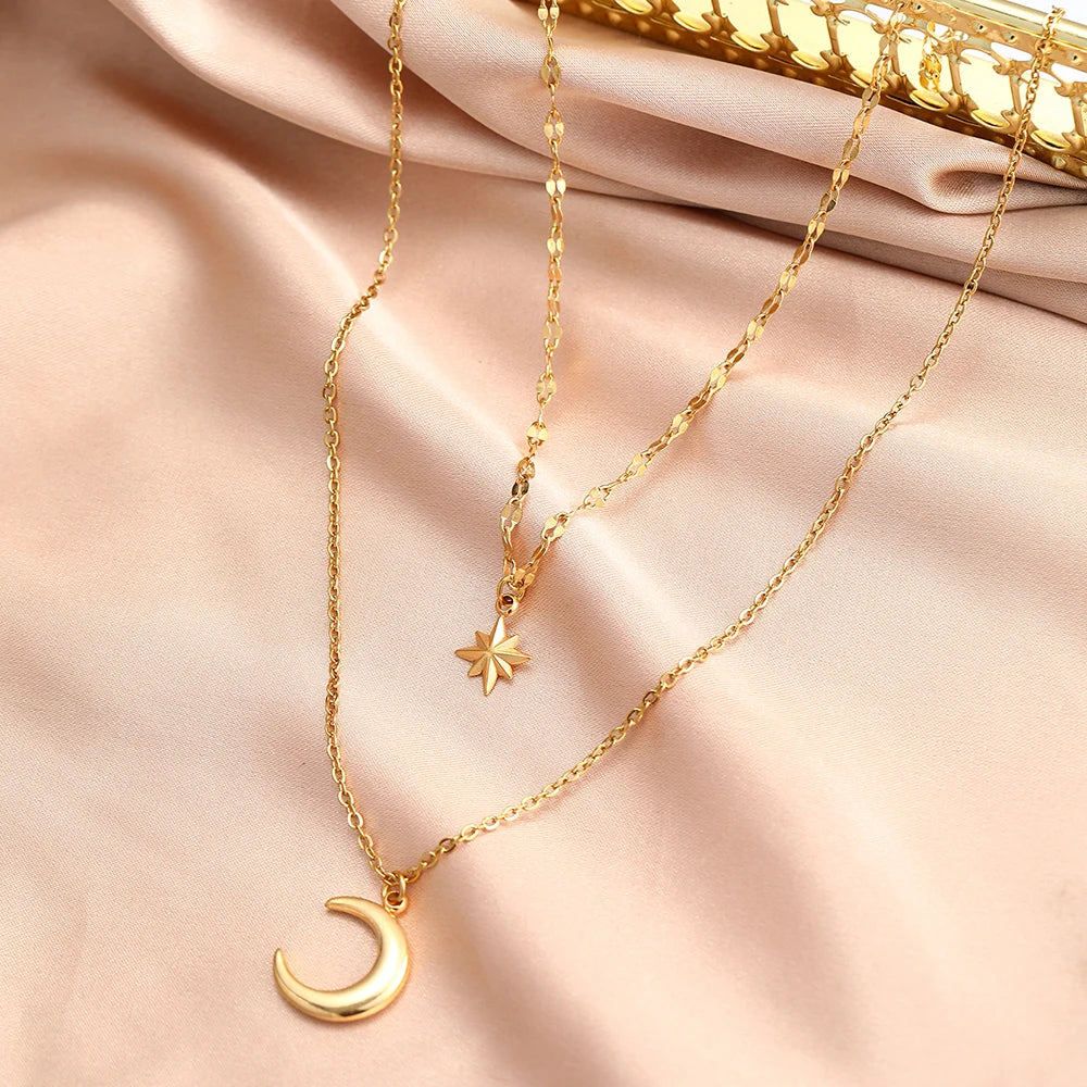 DOTIFI Stainless Steel Eight-Pointed Star Moon Pendant Double-Layer Necklace Women's Fashion Minimalist Commuter Chain Jewelry
