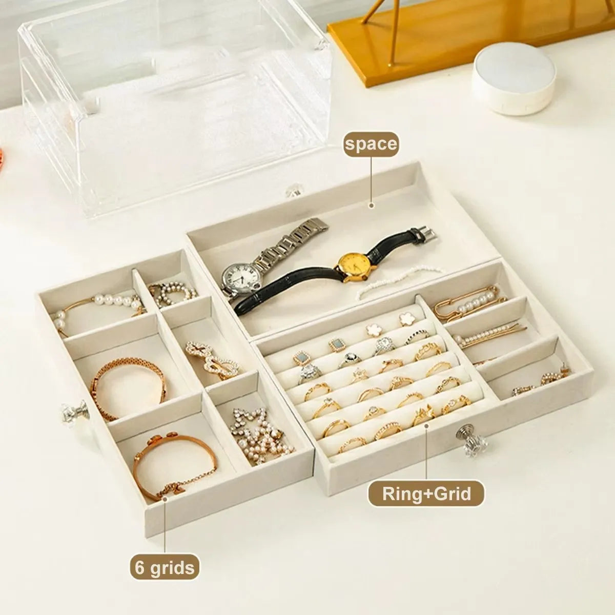 1PC Stackable 3 Layers Drawer Style Jewelry Box Beige Gray Desktop Storage Organizer for Earrings Rings Necklaces Bracelets