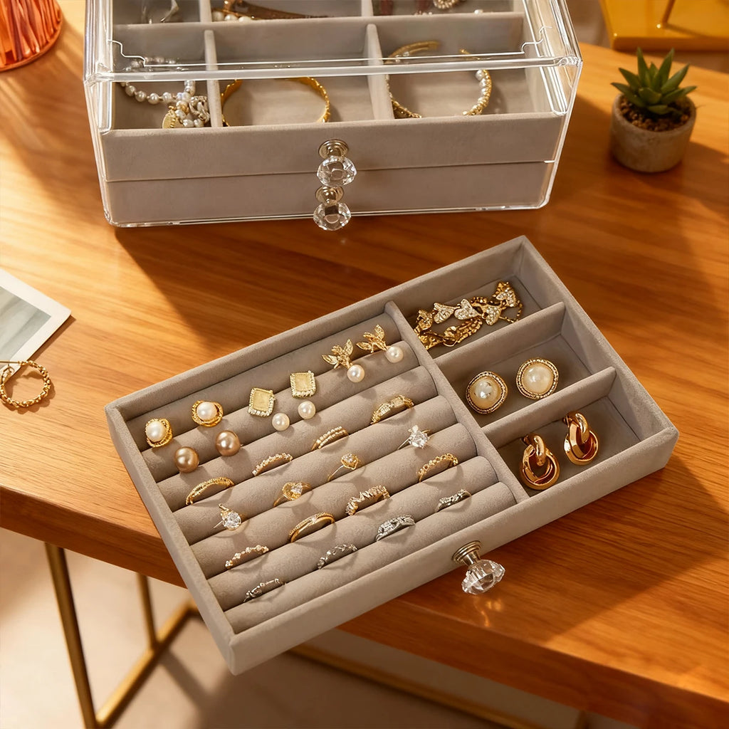 1PC Stackable 3 Layers Drawer Style Jewelry Box Beige Gray Desktop Storage Organizer for Earrings Rings Necklaces Bracelets