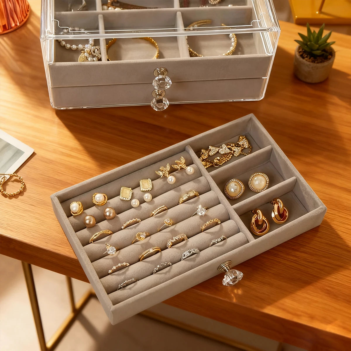 1PC Stackable 3 Layers Drawer Style Jewelry Box Beige Gray Desktop Storage Organizer for Earrings Rings Necklaces Bracelets