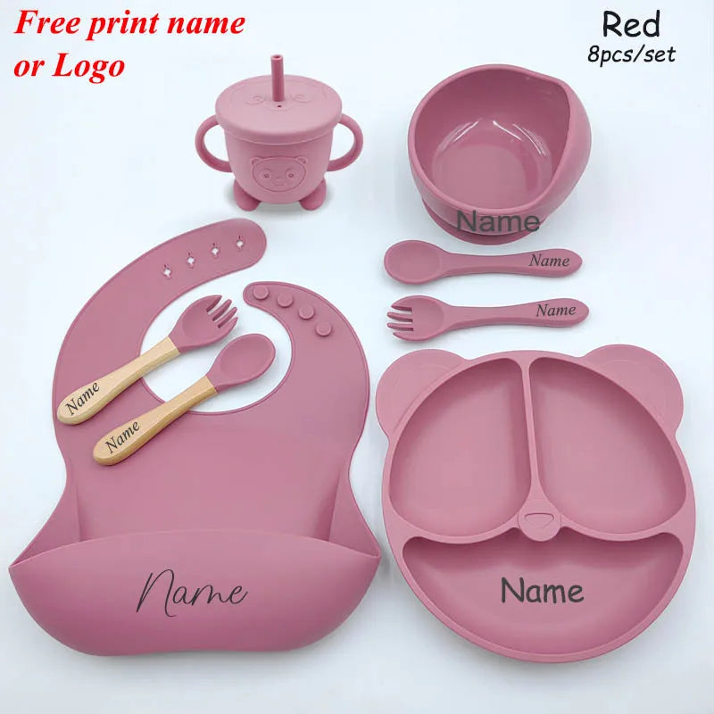Baby Feeding Plate For Kids Personalized Baby's Name Feeding Sets Cartoon Bear Plate Customized Silicone Tableware For Children