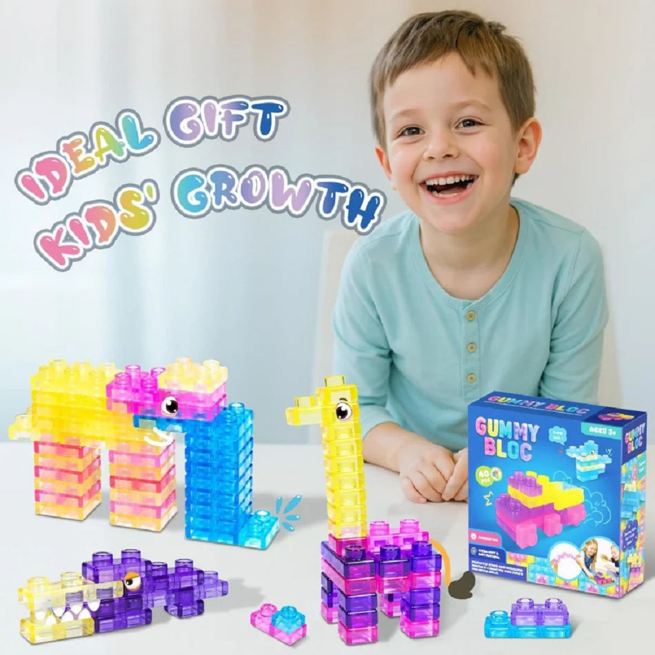 40PCS Magic Gummy Bloc Soft Building Blocks for Kids, Food-Grade TPE Sensory Stacking Toys, Transparent Jelly Bricks, Educationa