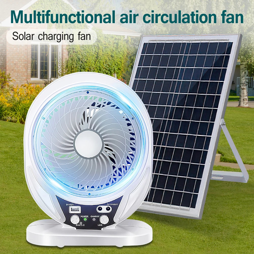 Portable Solar Fan Rechargeable Solar Powered Camping Fan with LED Bulb USB Ports Home Office Cooling Air Fan
