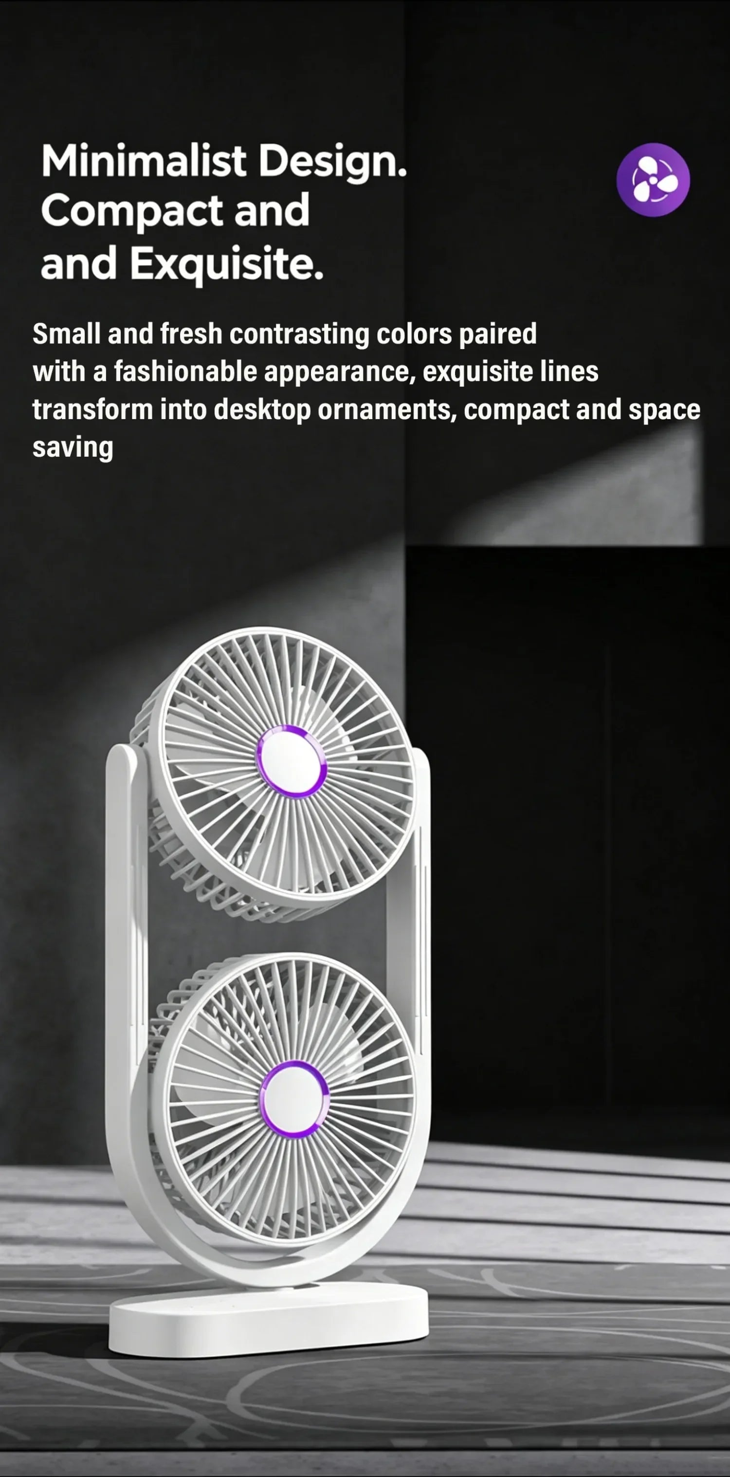 Portable Turbo Desk Fan 3 Speeds Ultra Quiet Type-C Rechargeable Dual Head Air Circulation Fan for All USB Power Sources