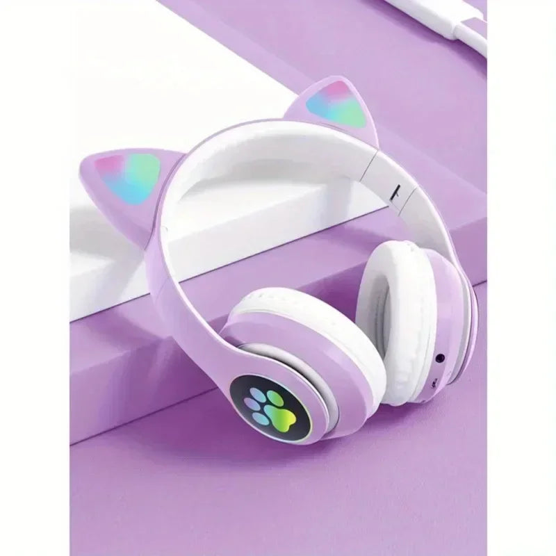 Flash Light Cute Cat Ears Wireless Headphone with Mic Control LED Kid Girl Stereo Music Helmet Phone Bluetooth Headset Gift