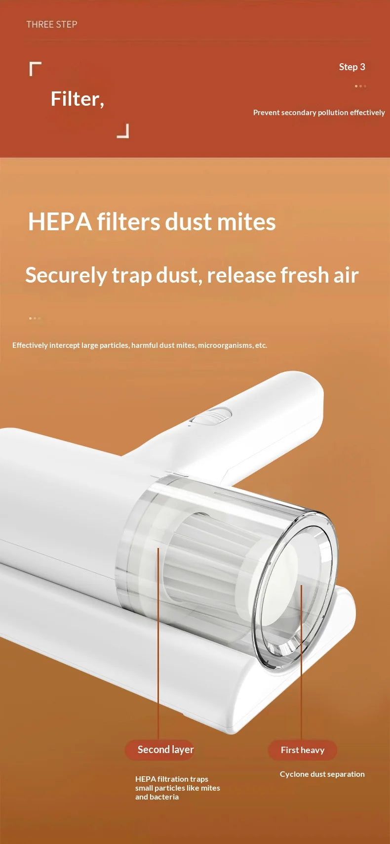 UV-C Sterilizing Cordless Handheld Vacuum, HEPA Filtration & Warm Air Dryer, Efficient Dust Mite Cleaner for Bedding, Sofa