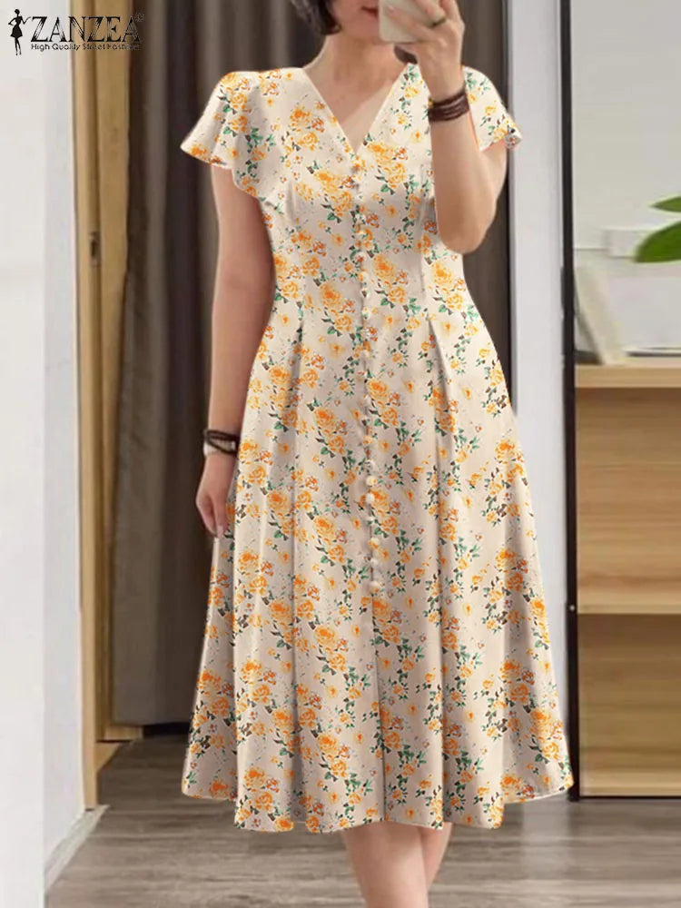 ZANZEA Women Fashion All-over Floral Print Party Dress Elegant V Neck Ruffle Short Sleeve Midi Dresses Casual A-line Vestidos